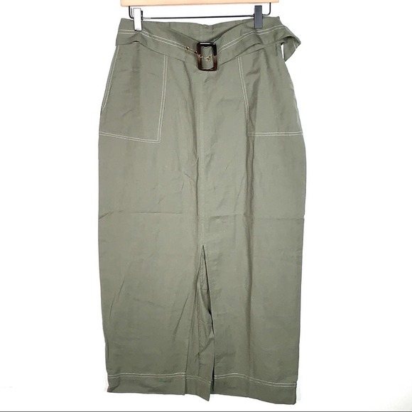NWT ASOS cotton / linen olive green belted maxi skirt size 8 - Picture 1 of 8
